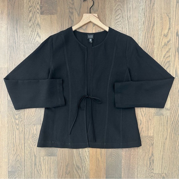 Eileen Fisher Linen Blend Round Neck Tie Front Jacket in Black Small